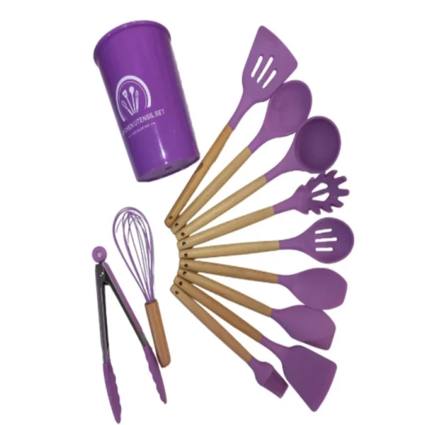 Jogo Kit C/12 Peças Utensílios De Cozinha Colheres Espatula Silicone Cabo Madeira Decoração Livre BPA - Imagem 9