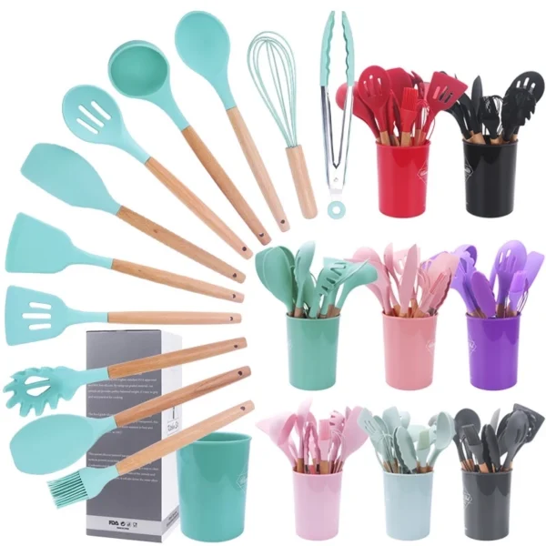 Jogo Kit C/12 Peças Utensílios De Cozinha Colheres Espatula Silicone Cabo Madeira Decoração Livre BPA - Imagem 7