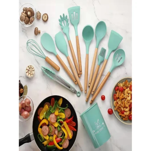 Jogo Kit C/12 Peças Utensílios De Cozinha Colheres Espatula Silicone Cabo Madeira Decoração Livre BPA - Imagem 11