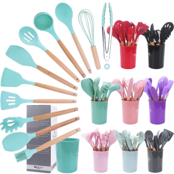 Jogo Kit C/12 Peças Utensílios De Cozinha Colheres Espatula Silicone Cabo Madeira Decoração Livre BPA - Imagem 5