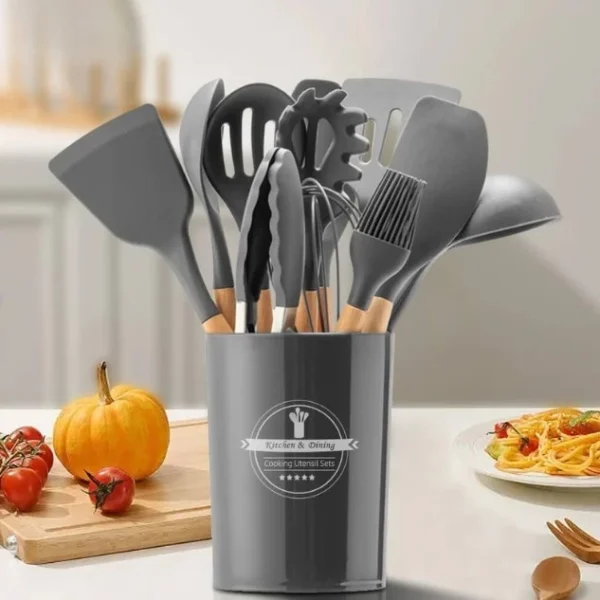 Jogo Kit C/12 Peças Utensílios De Cozinha Colheres Espatula Silicone Cabo Madeira Decoração Livre BPA - Imagem 6