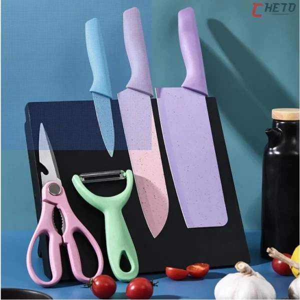 Kit de Conjunto Facas Coloridas Tesoura Descascador Cozinha Gourmet 6 Peças