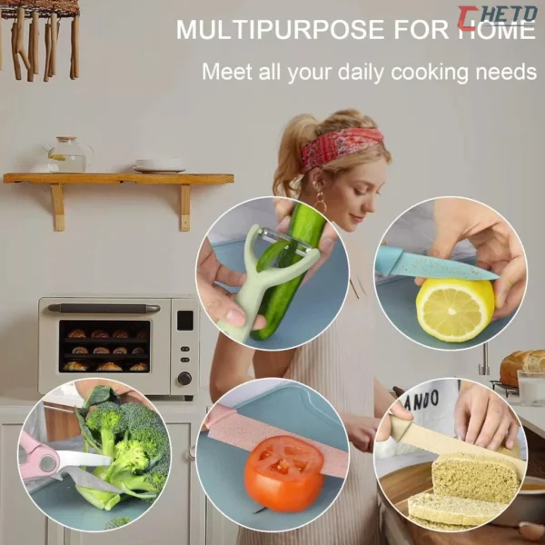 Kit de Conjunto Facas Coloridas Tesoura Descascador Cozinha Gourmet 6 Peças - Imagem 3