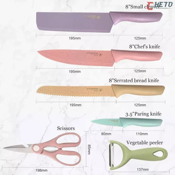 Kit de Conjunto Facas Coloridas Tesoura Descascador Cozinha Gourmet 6 Peças - Imagem 7