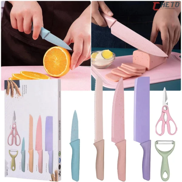 Kit de Conjunto Facas Coloridas Tesoura Descascador Cozinha Gourmet 6 Peças - Imagem 9